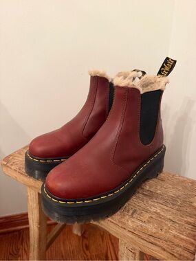 Dr. Martens Burgundy Faux-Fur Chelsea Platform Boots